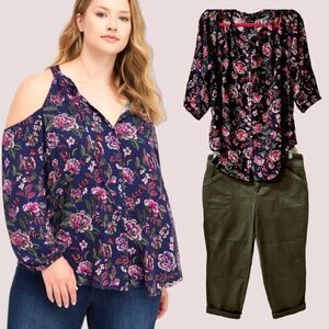 Torrid plus size floral cold shoulder top with olive twill aviator crop jean set